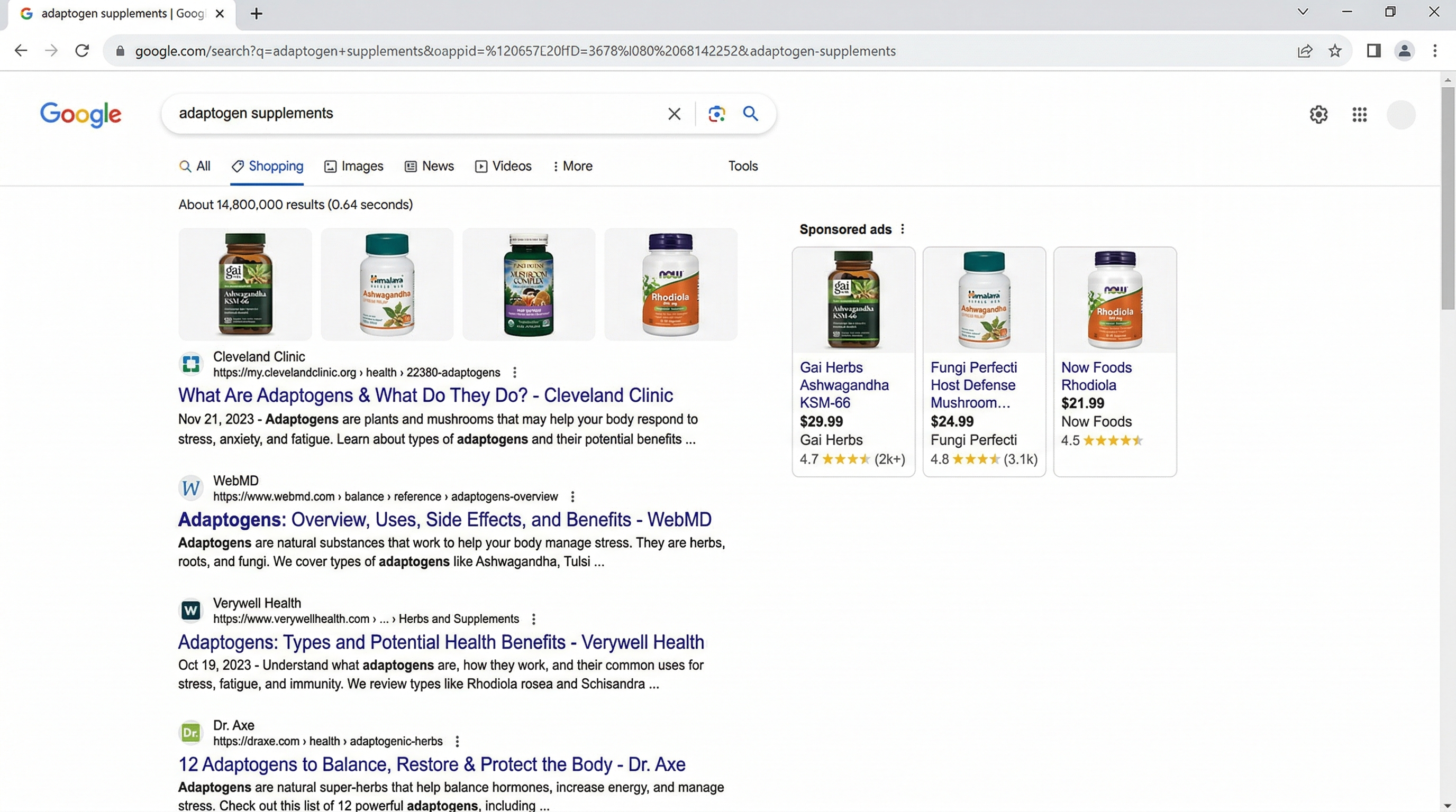 Google SERP for adaptogen supplements